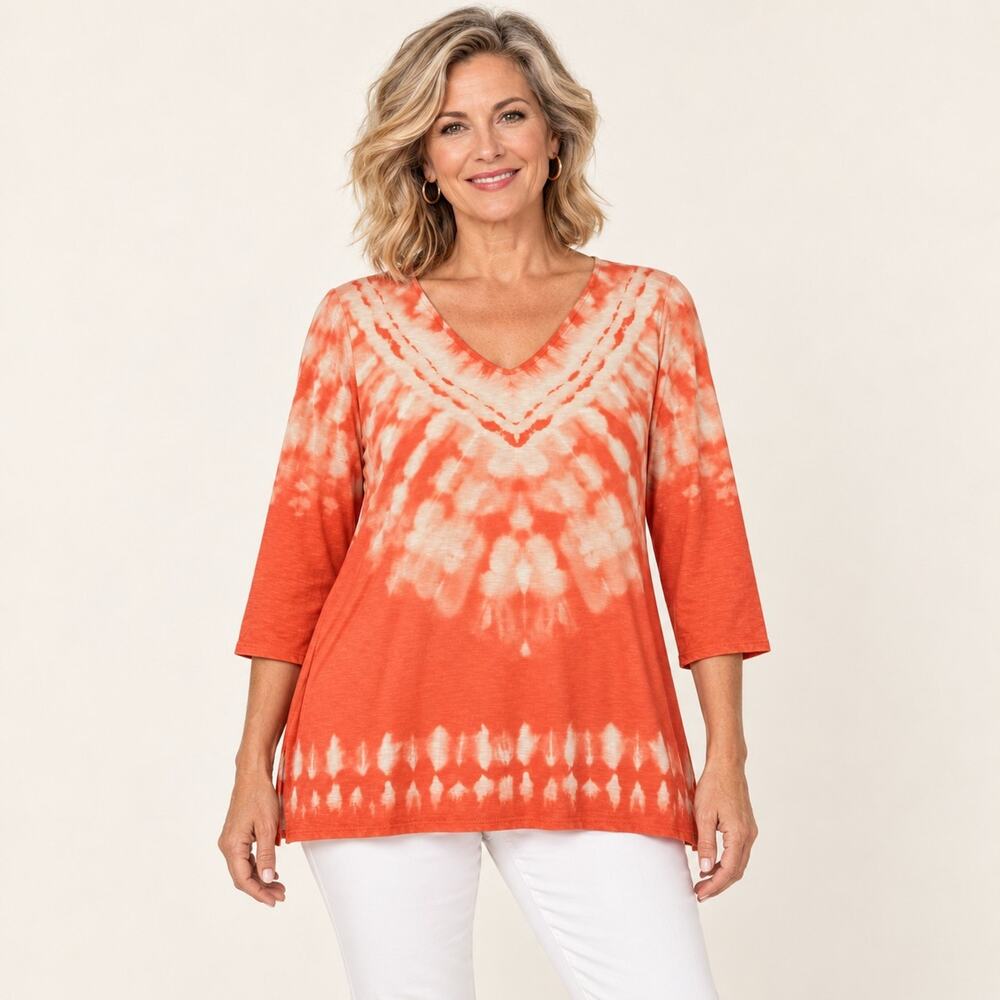 Chico’s Zenergy Size 2 Large Orange Tie Dye V Neck 3/4 Sleeve Tunic Top Boho